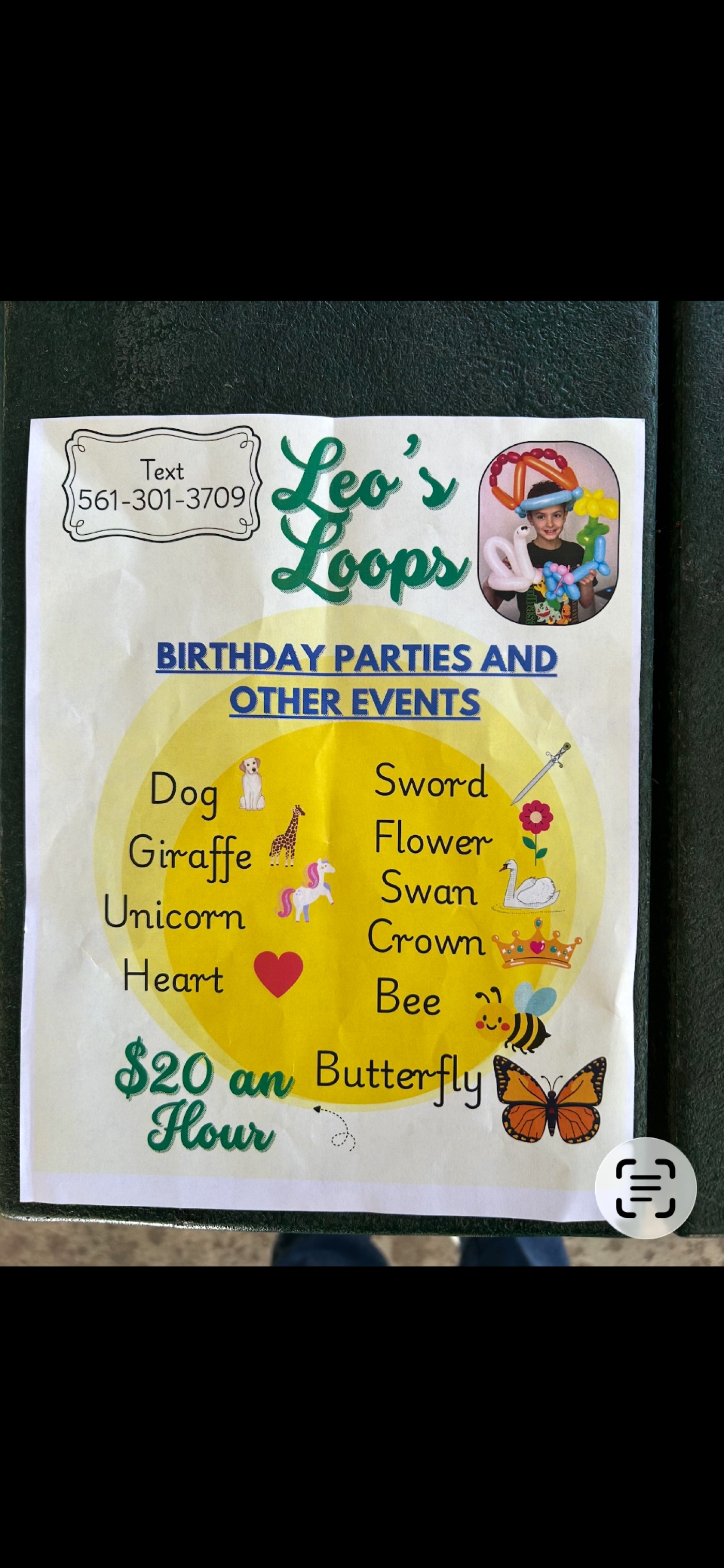 Leo's Loops printed menu with balloon options including dog, giraffe, unicorn, sword, flower, swan, crown, bee, and butterfly.